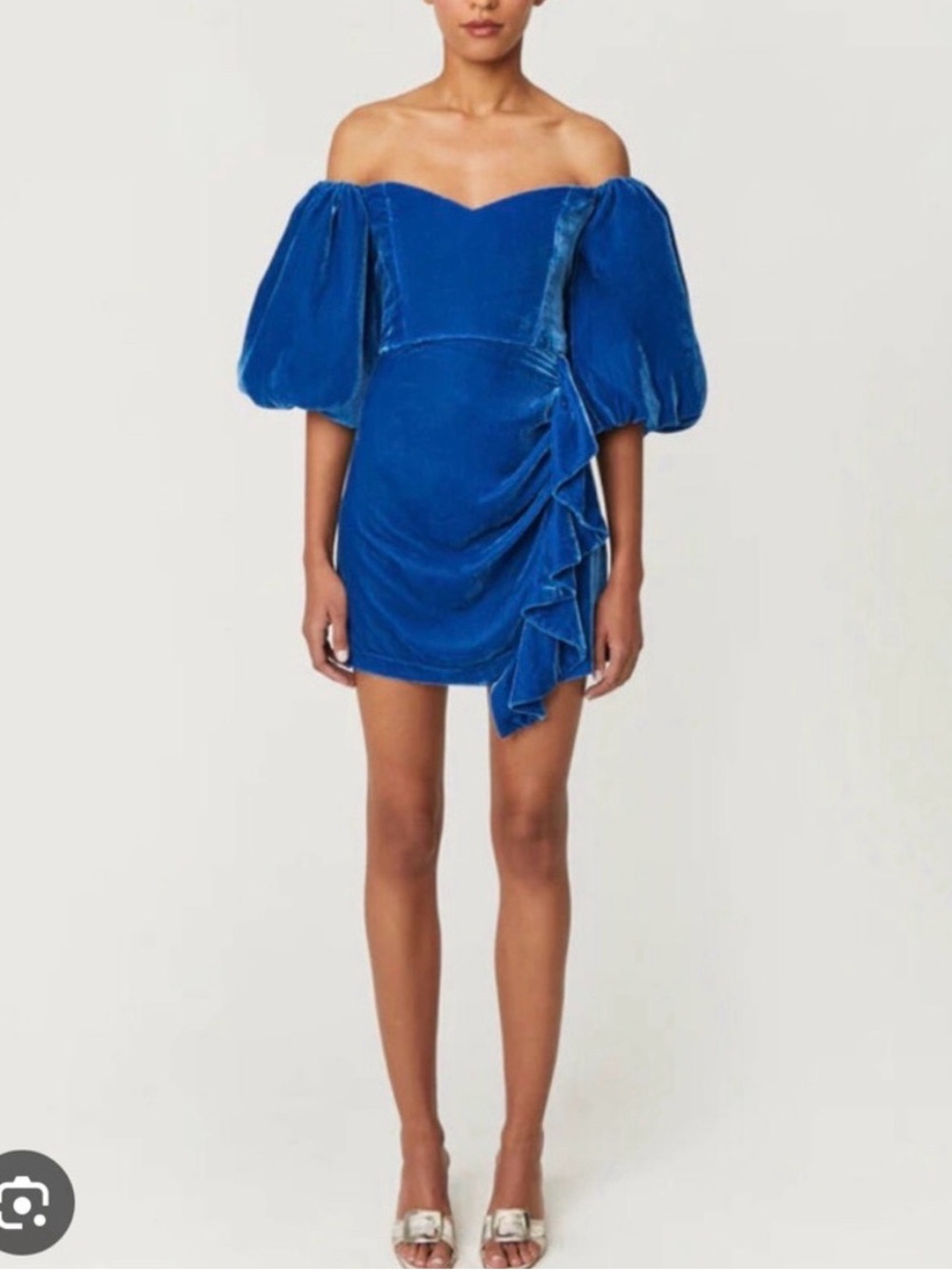 RHODE Royal Blue Off-Shoulder Velvet Mini Dress with Puff Sleeves